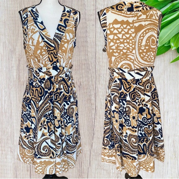 Kay Unger Dresses & Skirts - Kay Unger Tropical Floral Retro Blue Gold Aztec Bohemian 100% Silk Dress Size 14